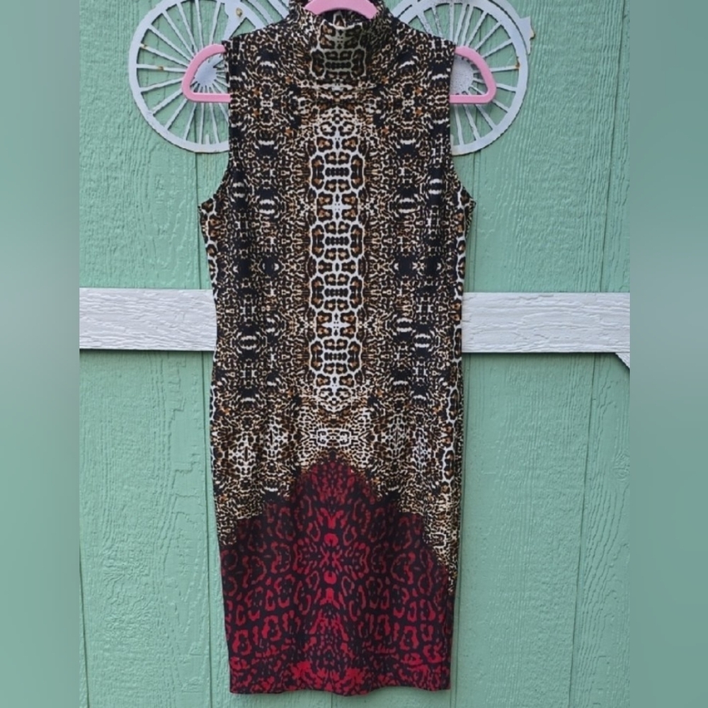 VENUS Leopard Print Midi Dress with Red Hem